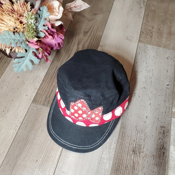 Minnie Mouse Hat Disney Parks Cap Cadet Red Polka Dot Bow Black Cotton Strapback - Picture 11 of 14